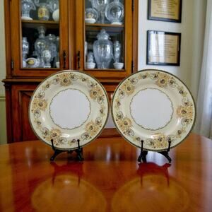 P.B. Japan Charm 9 7/8" Dinner Plate Floral Scroll Gold Trim 1950s Set of 2